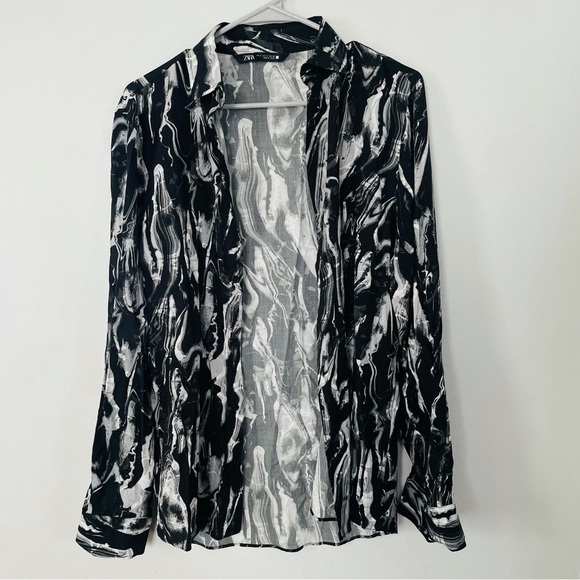 Zara Abstract Marble Print Button-Up Shirt Black White Size Small - Picture 2 of 4